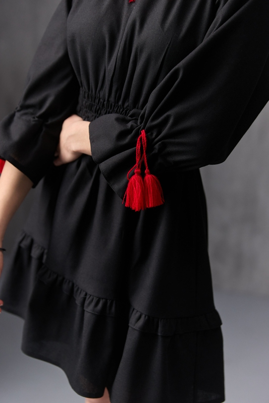 Платье лен мини в национальном стиле черное, S