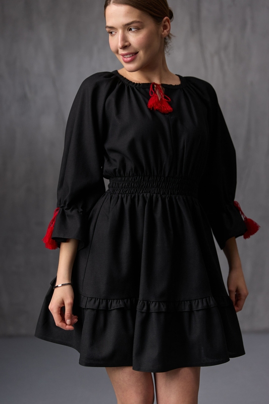 Платье лен мини в национальном стиле черное, S