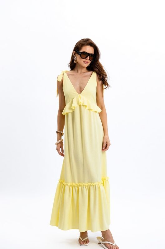 Лляний сарафан міді з воланами лимонний, S