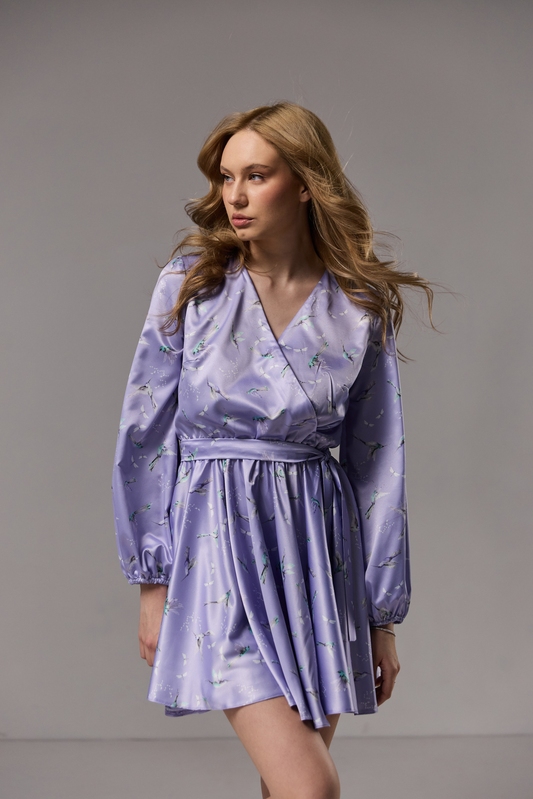 Платье мини шелк в принт лиловое колибре, XS