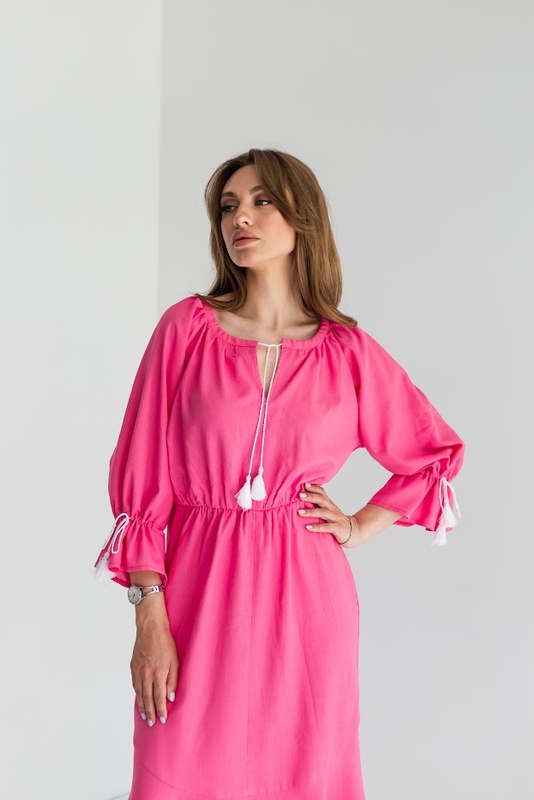Сукня з льону в національному стилі рожева, M