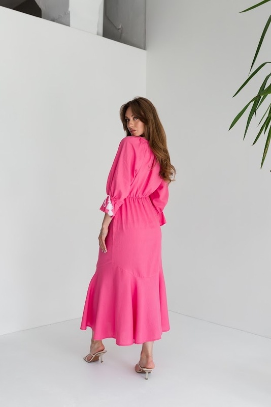 Сукня з льону в національному стилі рожева, M