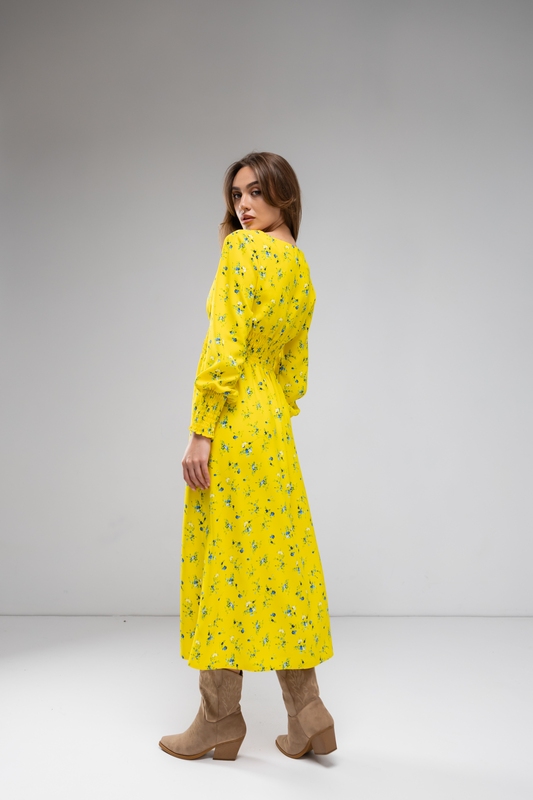 Сукня з силуетним поясом дрібні квіти на жовтому, XS