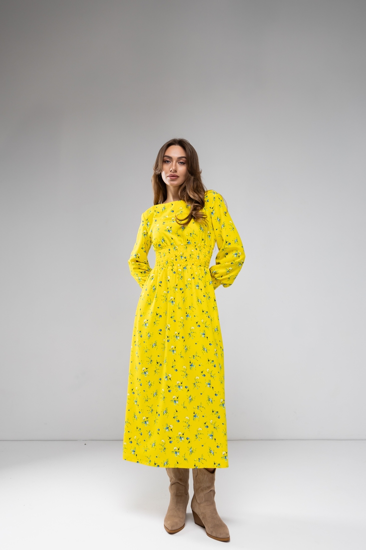 Сукня з силуетним поясом дрібні квіти на жовтому, L