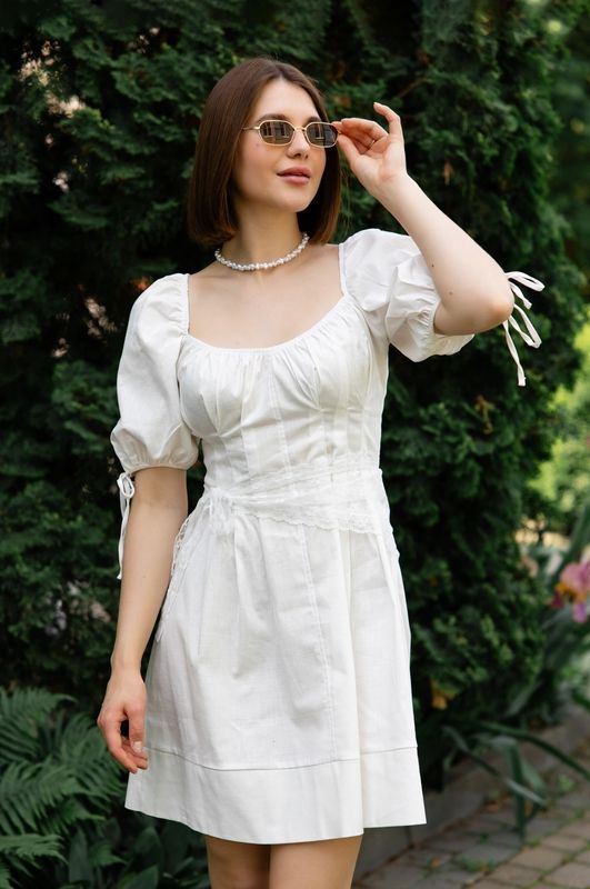 Сукня лляна міні зі складками по таліїї біла, L