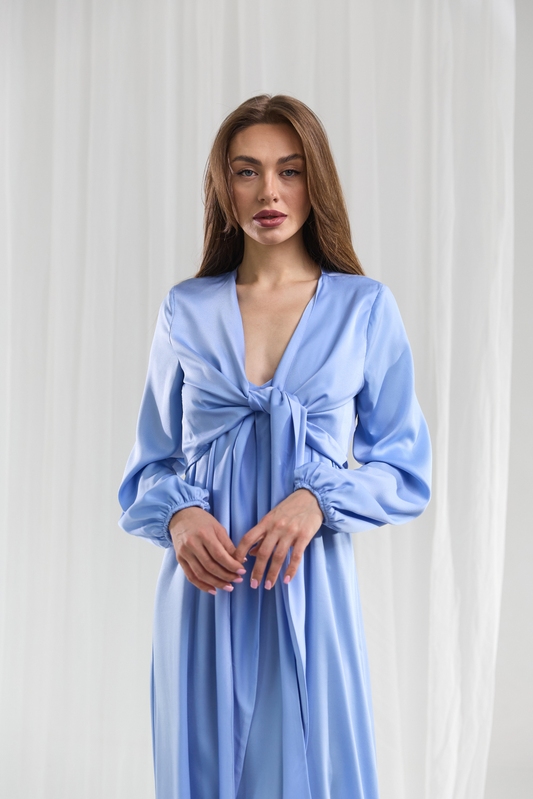 Блуза шелковая с завязками голубая, XS
