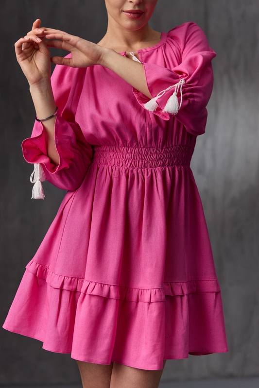 Платье лен мини в национальном стиле розовое, S