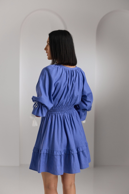 Сукня льон міні в національному стилі синя, S